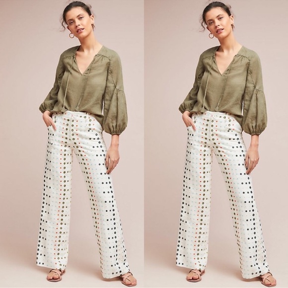 Anthropologie Pants - Anthropologie Ett:twa White Linen Colorful Eyelet Wide-Leg Trousers Pants Size 2